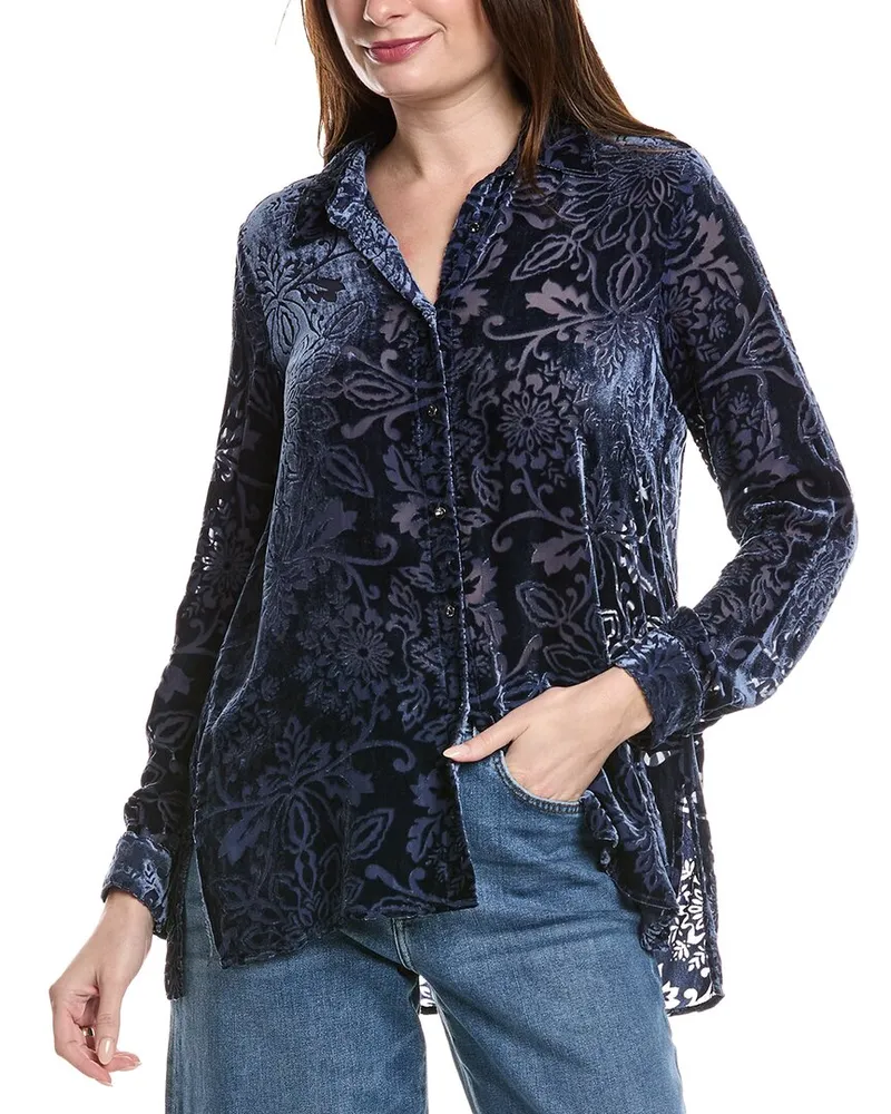 Johnny Was Misty Burnout Velvet Silk-Blend Shirt Blue