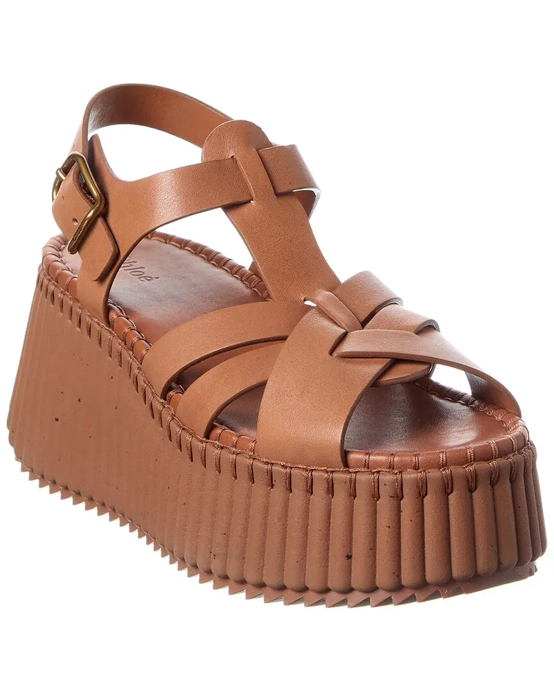 Chloé Nama Leather Wedge Sandal Brown