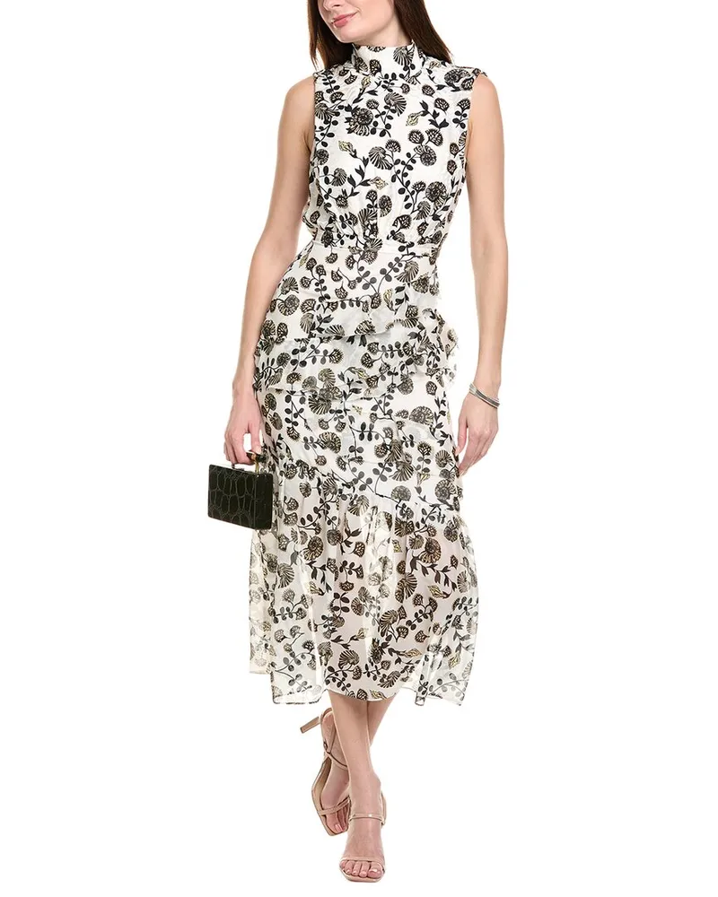 Saloni Stamped Silk Midi Dress White