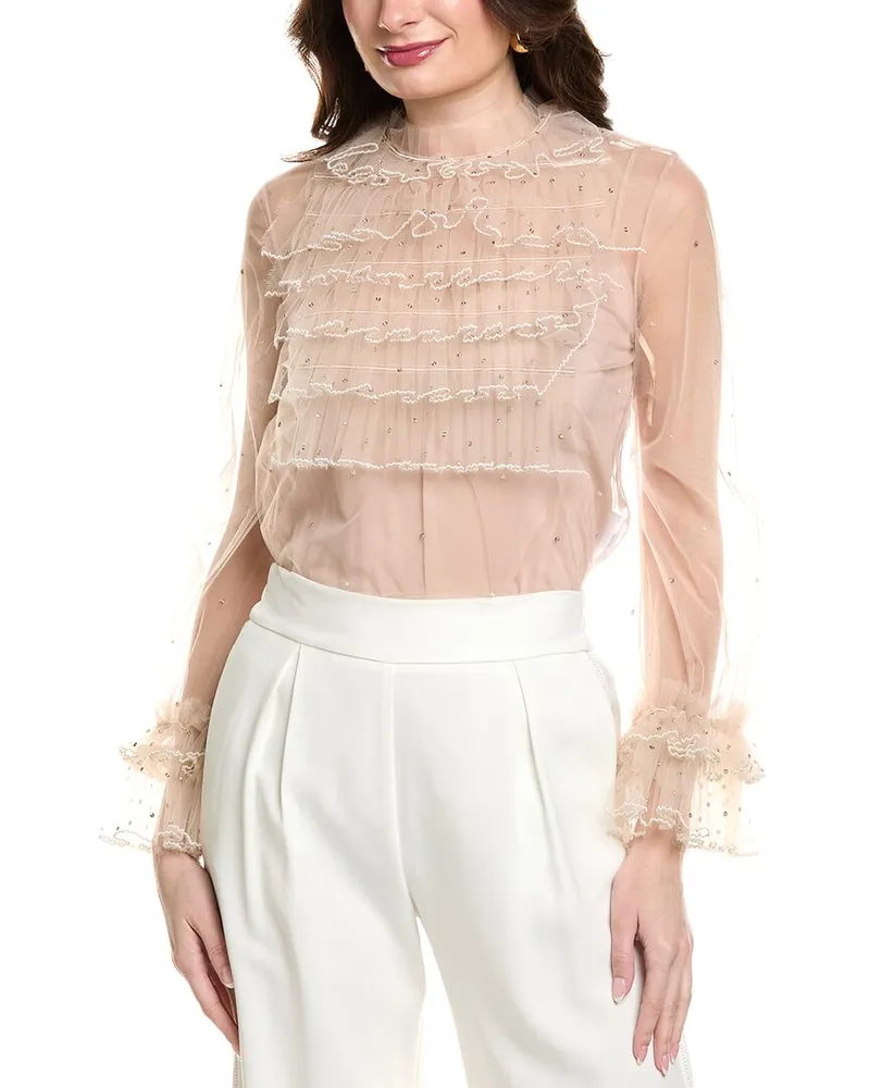 Valentino Garavani Tulle Ruffle Blouse Beige
