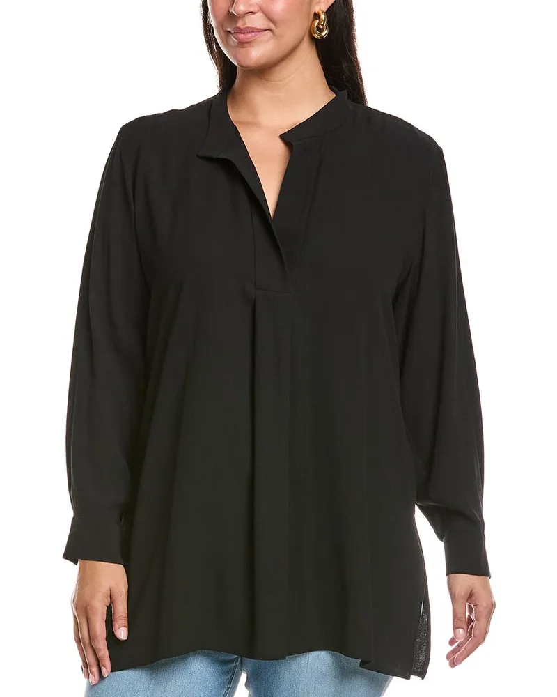 Eileen Fisher Plus Stand Collar Silk Tunic Black