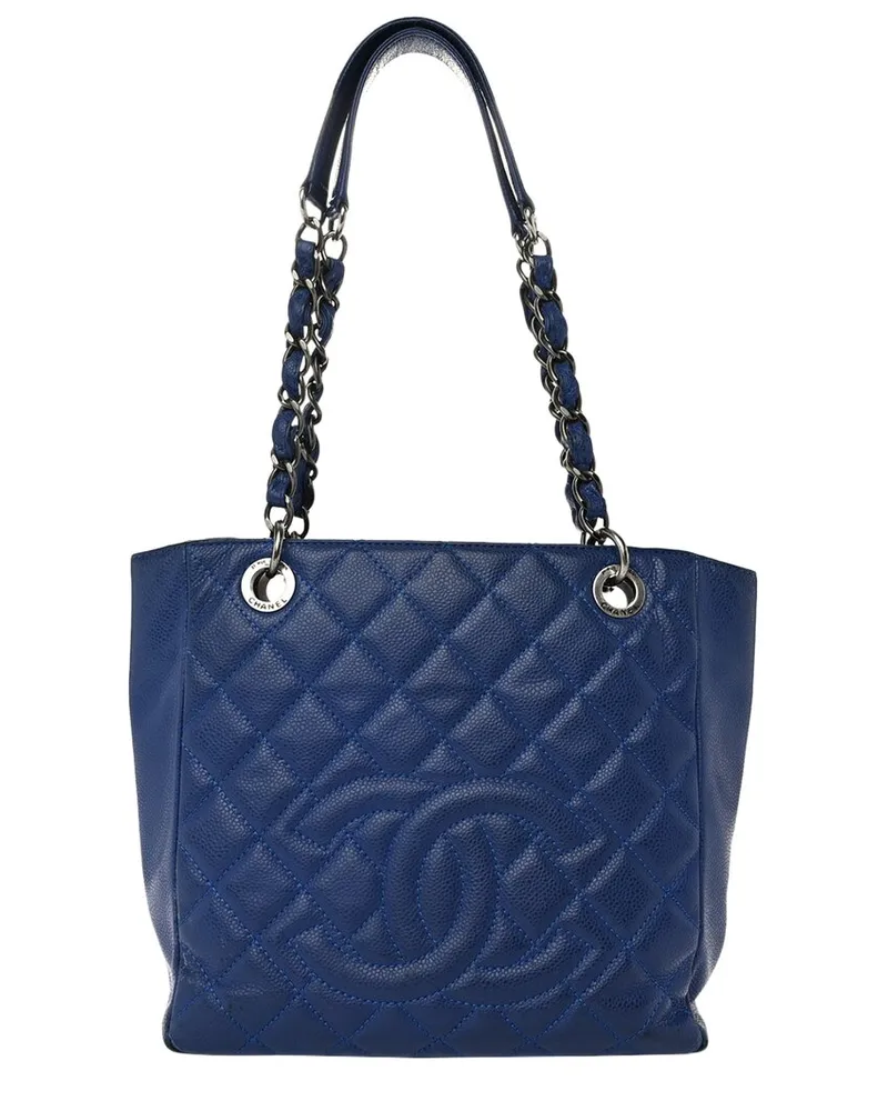 Chanel Navy Caviar Leather Petit Shopping Tote PST (Authentic Pre-Loved Nocolor