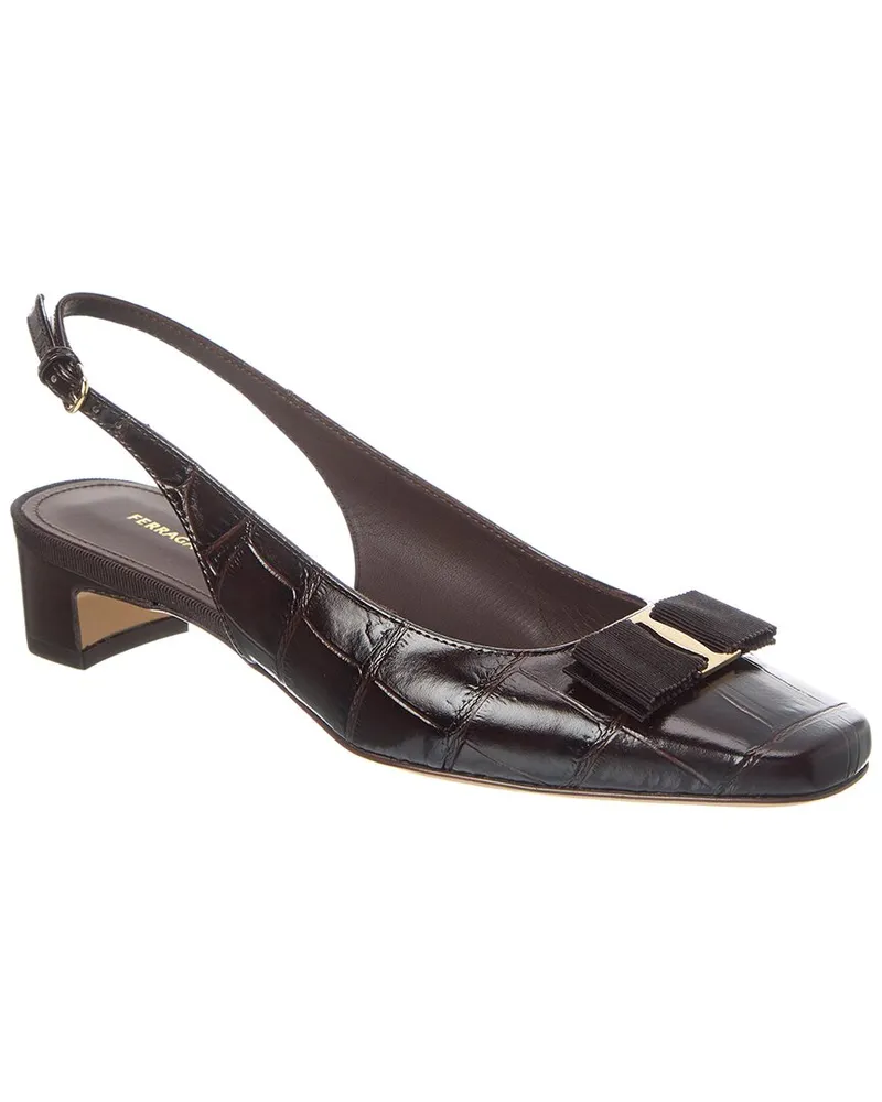 Ferragamo Rivada Croc-Embossed Leather Slingback Pump Brown