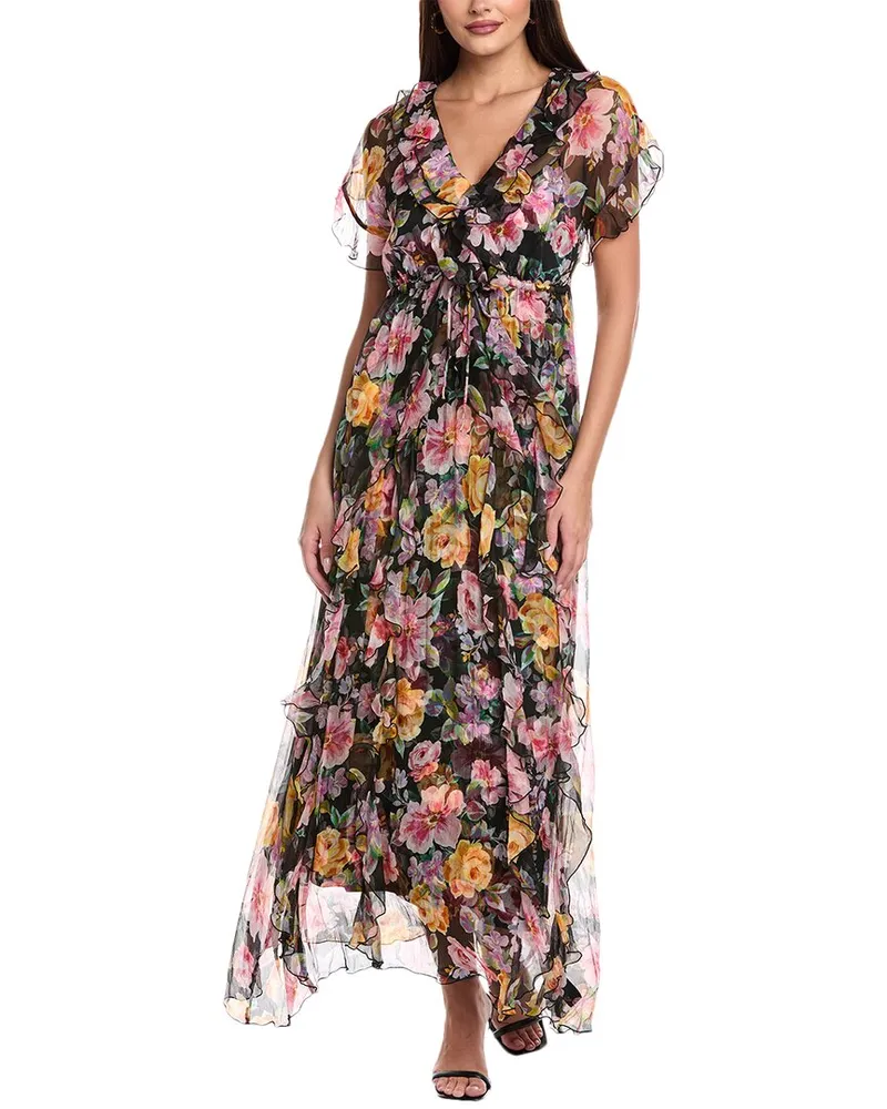 Johnny Was Petite Suri Ruffle Silk Maxi Dress Black