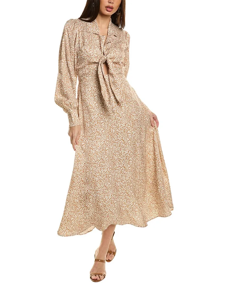 Elie Tahari Tie Front Linen-Blend Midi Dress Brown
