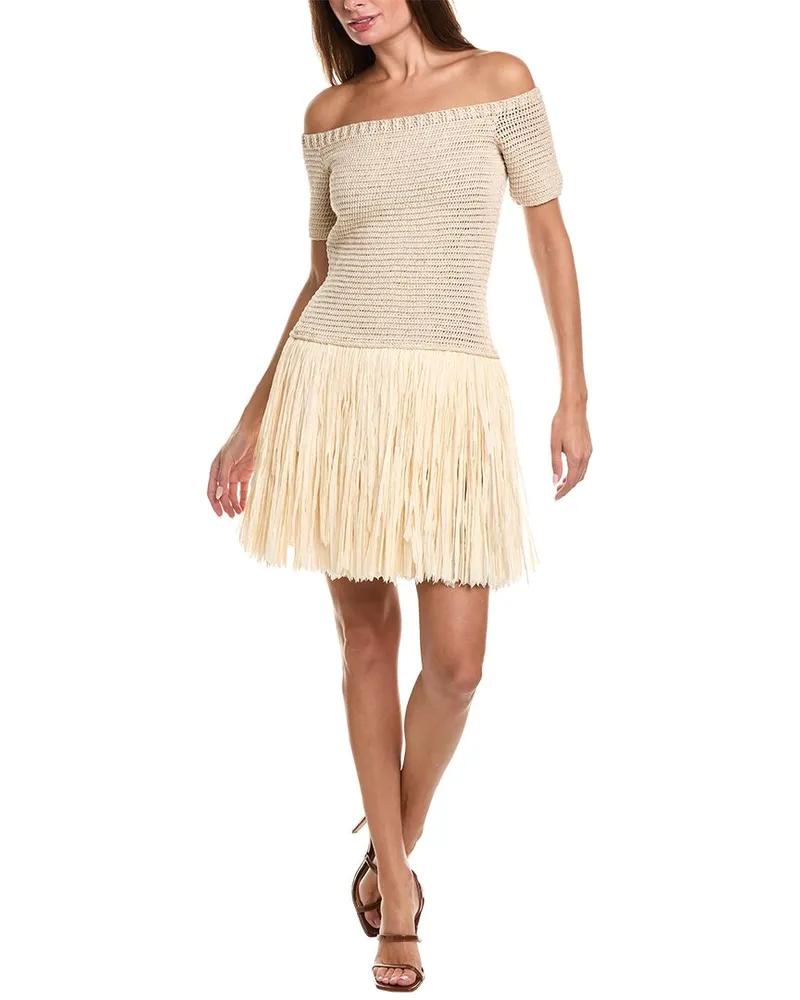 Oscar de la Renta Silk-Lined Raffia Skirt Mini Dress Beige