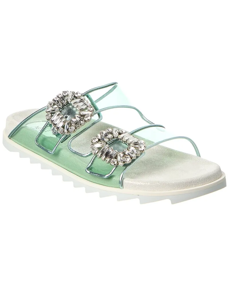 Roger Vivier Viv Strass Buckle Vinyl & Leather Slide Green