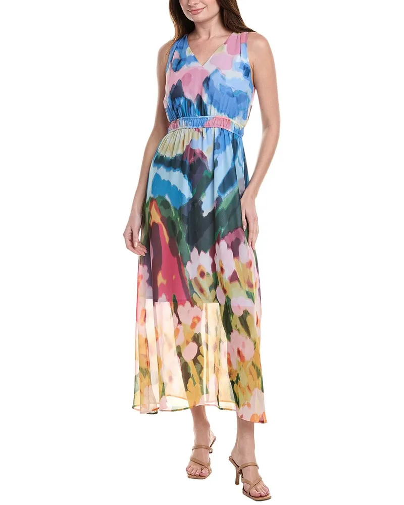 Anne Klein Printed Pebble Chiffon Maxi Dress Blue