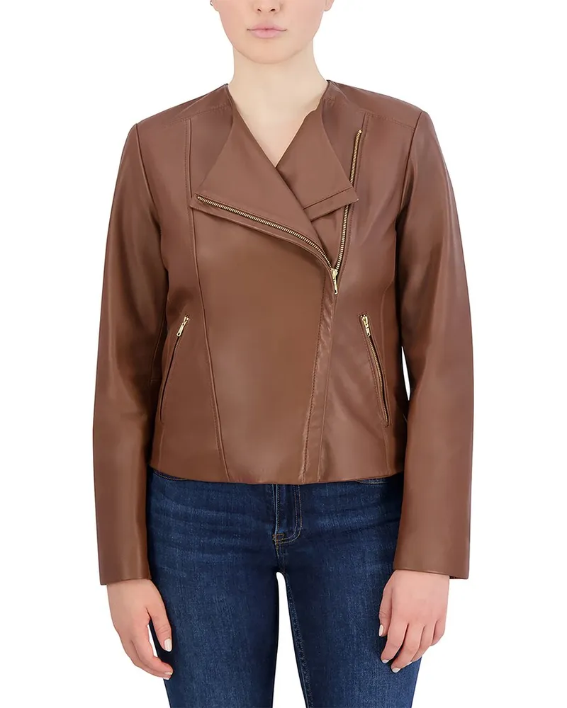 COLE HAAN Cole Hann Asymmetrical Leather Jacket Brown