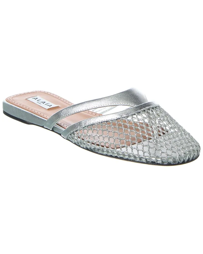 Alaïa Infradito Fishnet Mesh & Leather Mule Silver