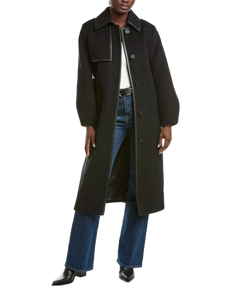 Mackage Zeva Leather-Trim Wool Trench Coat Black