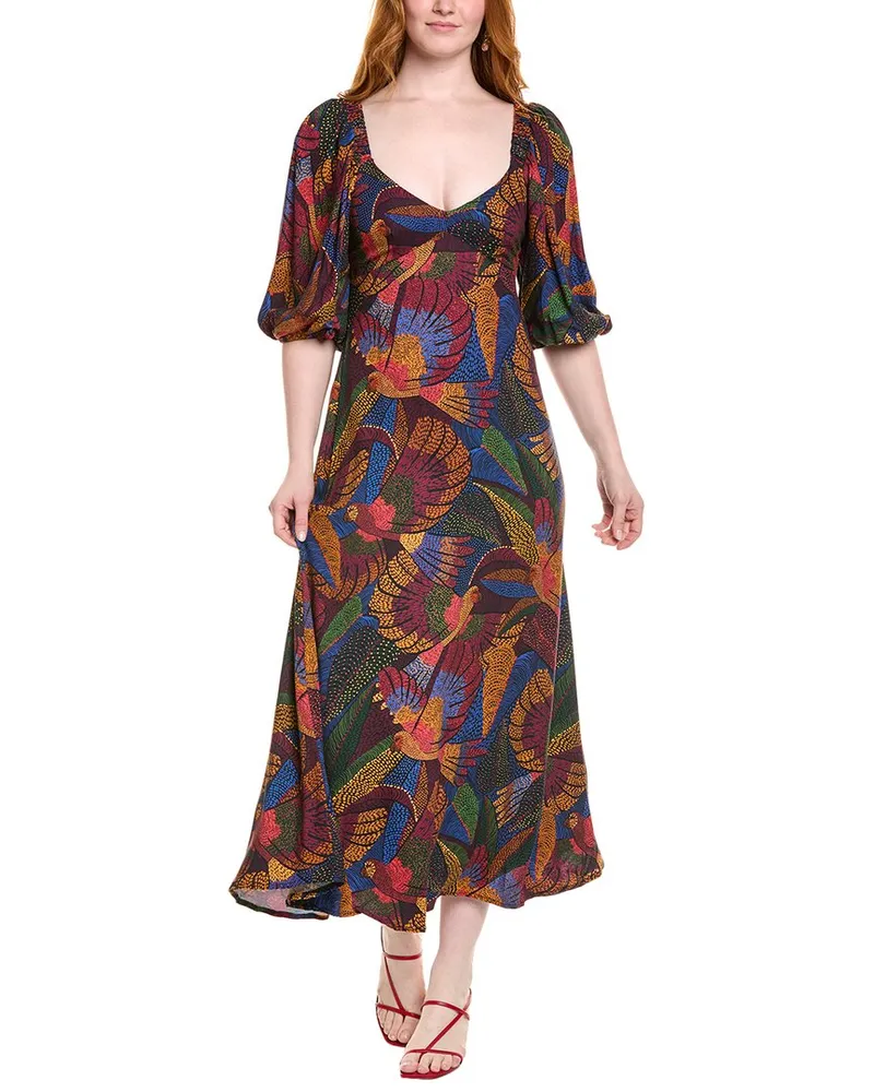FARM Rio Dotted Macaws Midi Dress Black