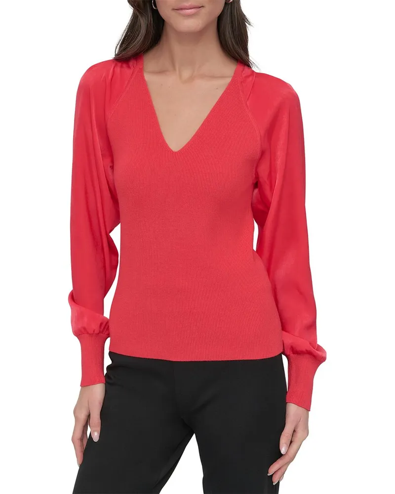 DKNY Mix Media V-Neck Sweater Pink