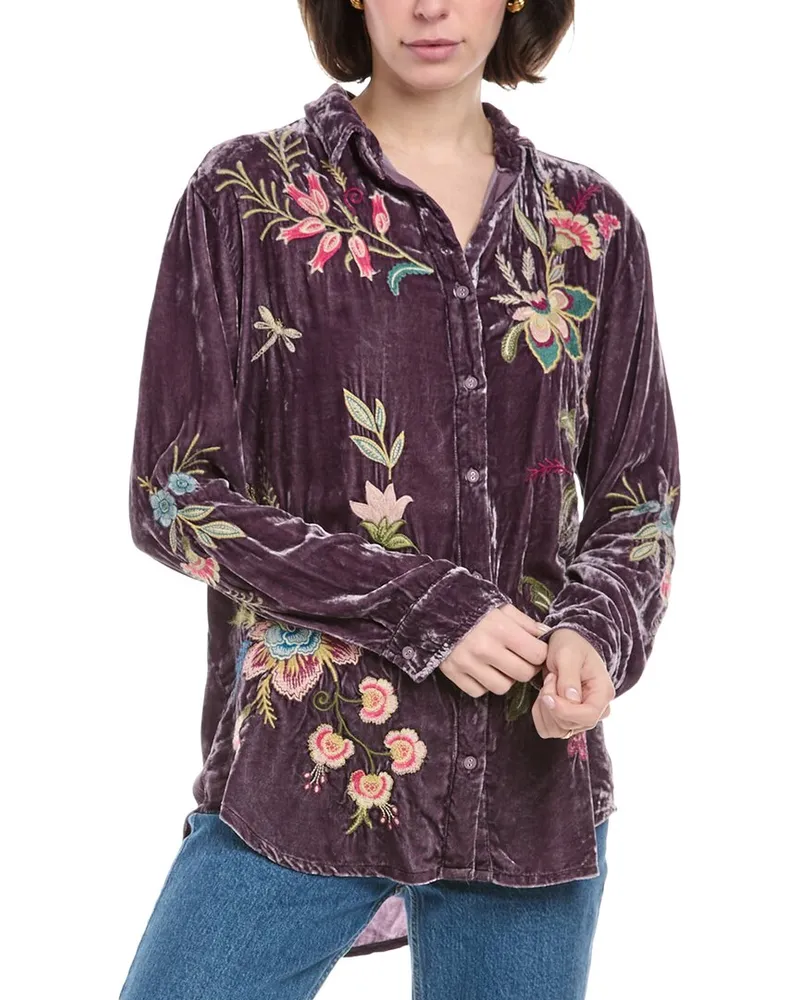 Johnny Was Velvet Oversized Silk-Blend Shirt Purple