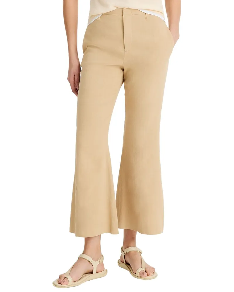 Vince Mid Rise Cropped Linen-Blend Flare Trouser Brown