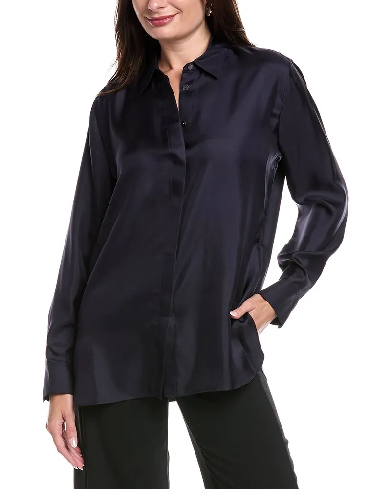 Theory Classic Menswear Satin Twill Silk Shirt Blue