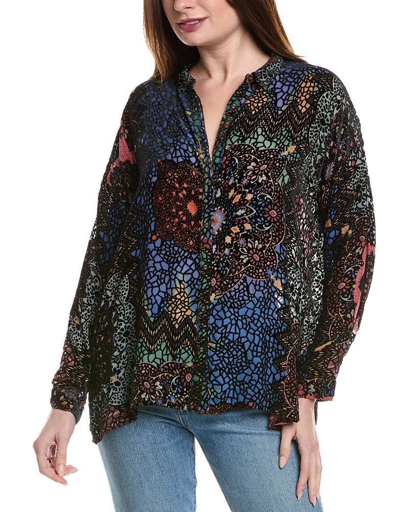 Johnny Was Audrey Burnout Velvet Silk-Blend Tunic Black