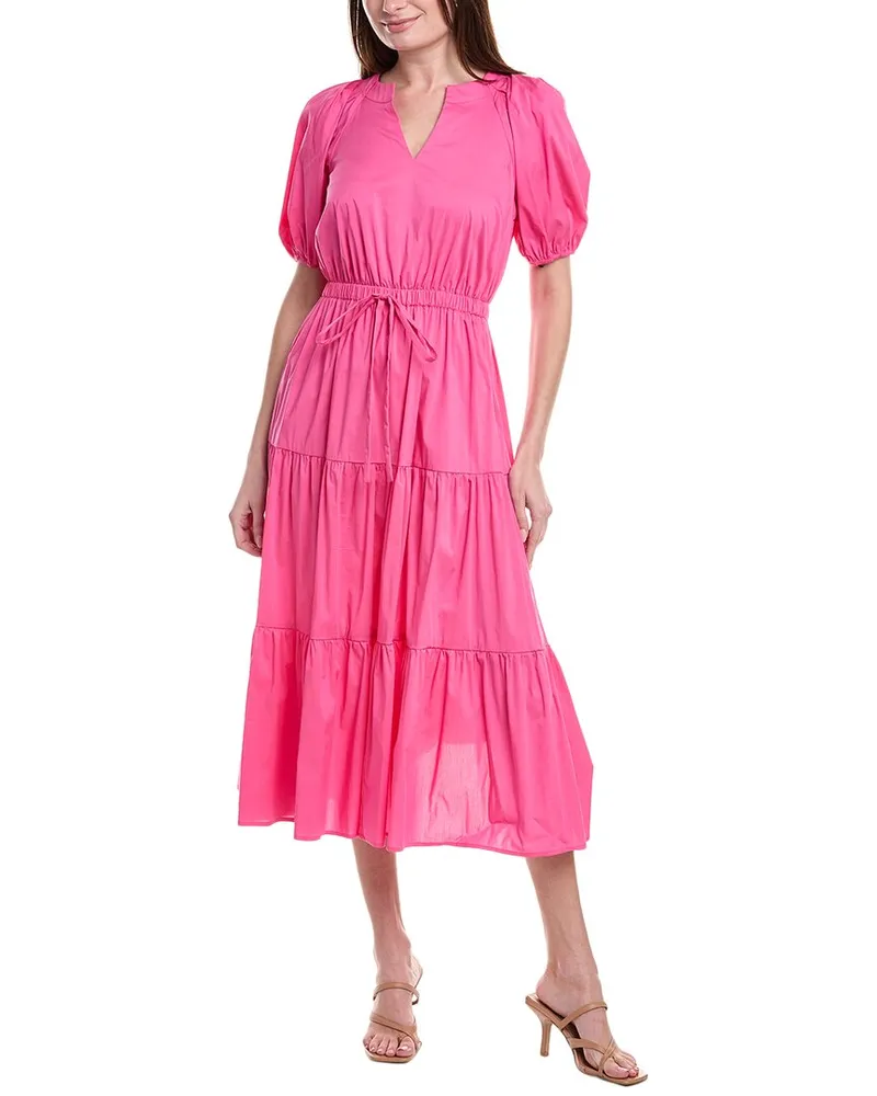 Anne Klein Poplin Tiered Puff Sleeve Midi Dress Pink