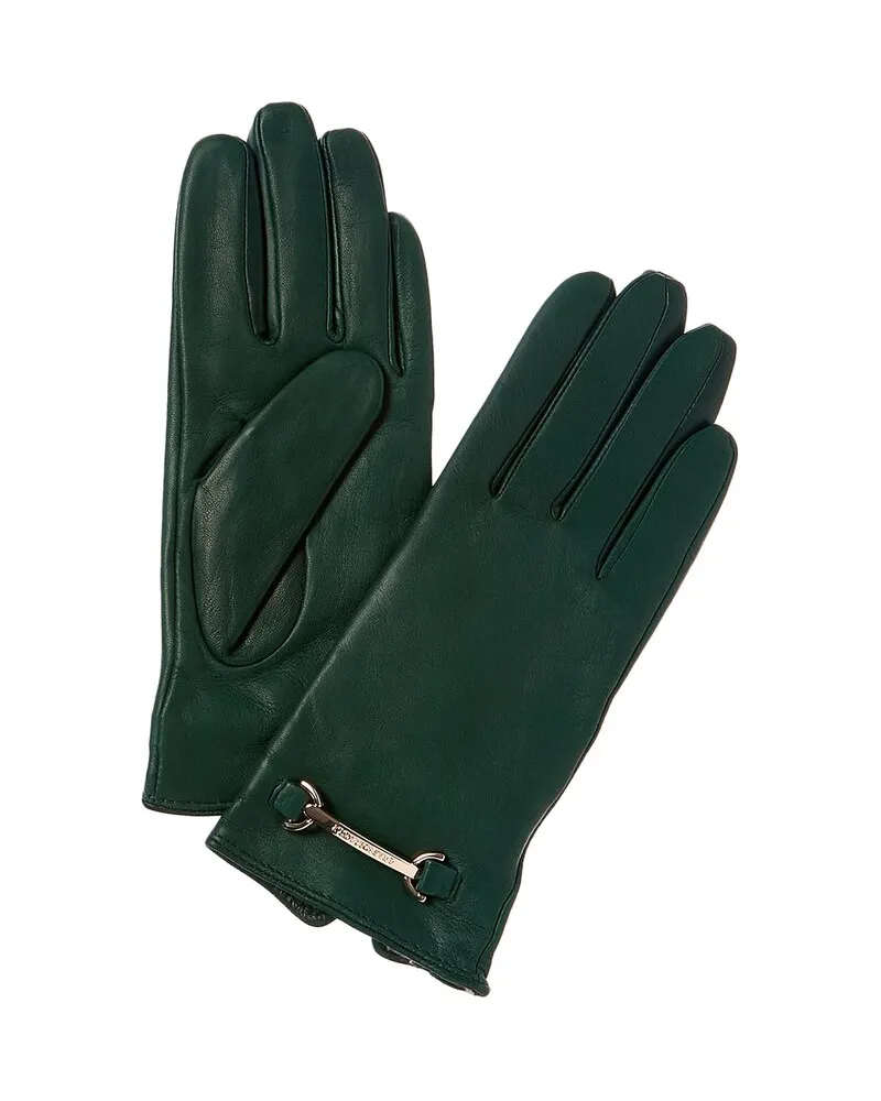 Bruno Magli Logo Buckle Cashmere-Lined Leather Gloves Green