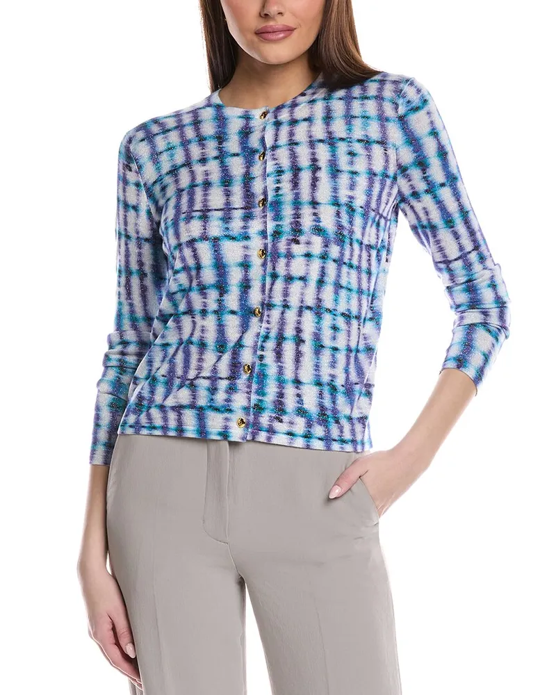 ST. JOHN Printed Fine Gauge Knit Cardigan Blue