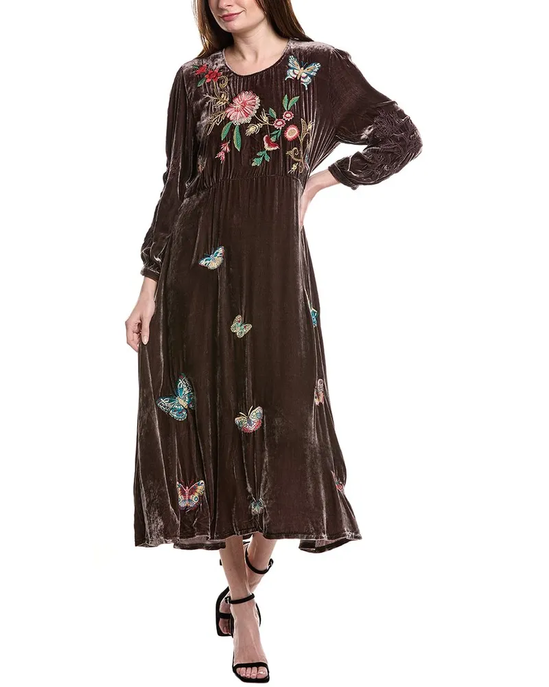 Johnny Was Luciana Velvet Silk-Blend Midi Dress Brown