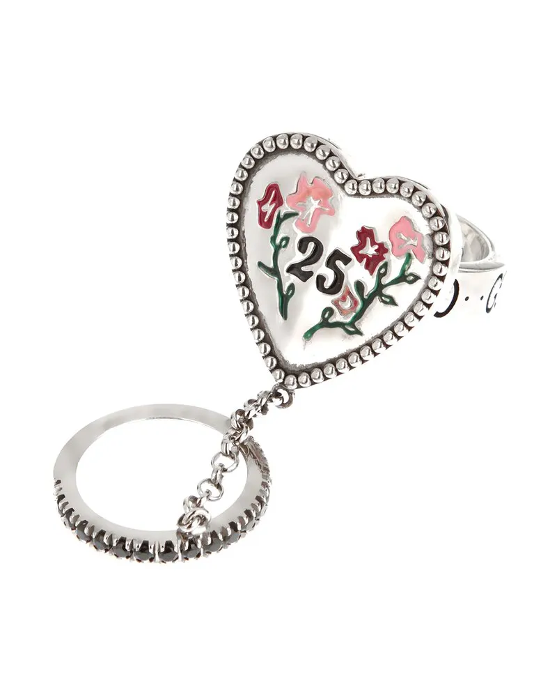 Gucci Silver Floral Enamel Black Spinel Double Ring Nocolor