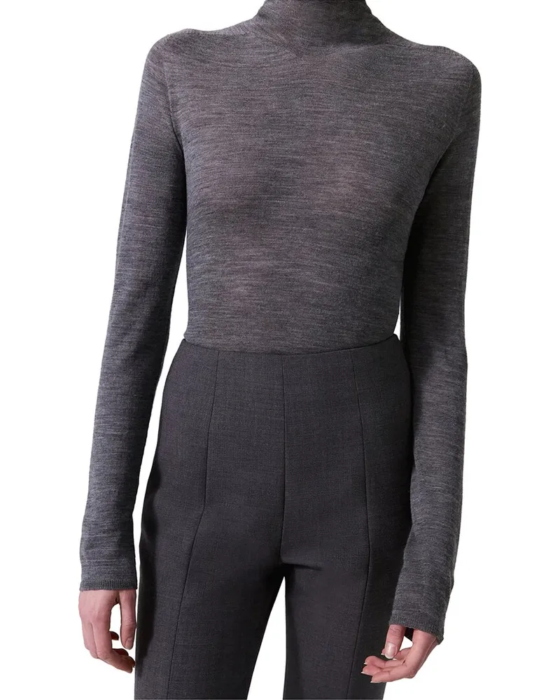 Carolina Herrera New York Sheer Knit Turtleneck Wool Top Grey