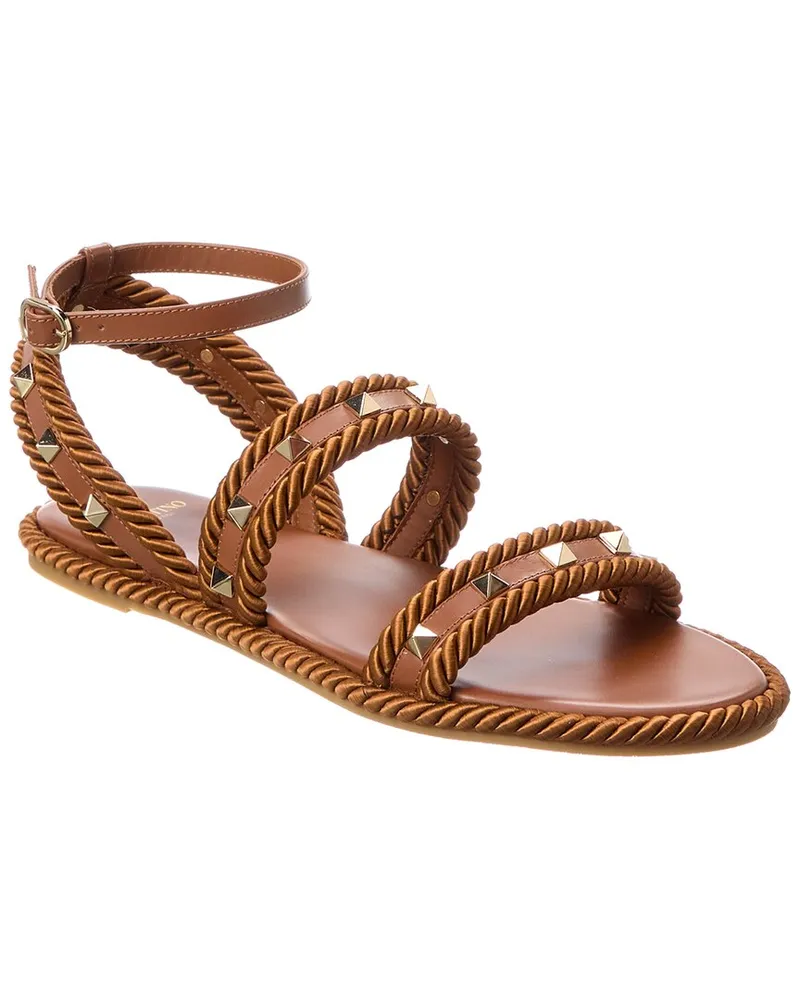 Valentino Garavani Rockstud Rope & Leather Sandal Brown
