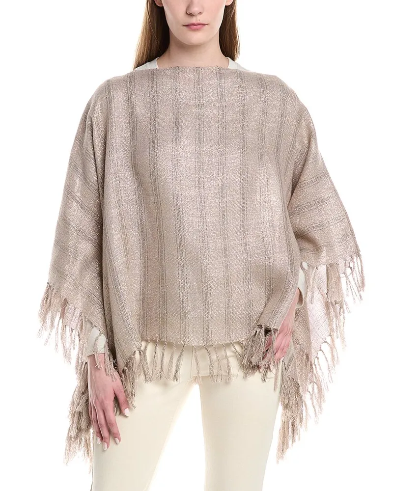 Brunello Cucinelli Sparkling Regimental Fringed Linen-Blend Poncho Gold