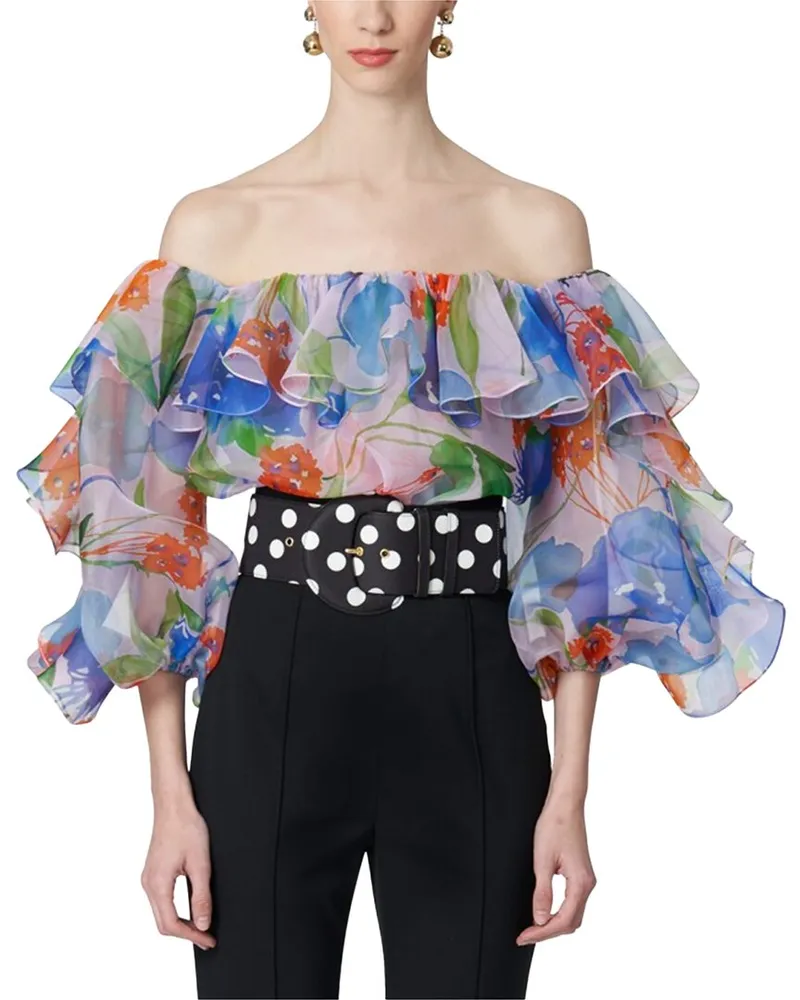 Carolina Herrera New York Off-Shoulder Ruffle Balloon Sleeve Silk Top Pink