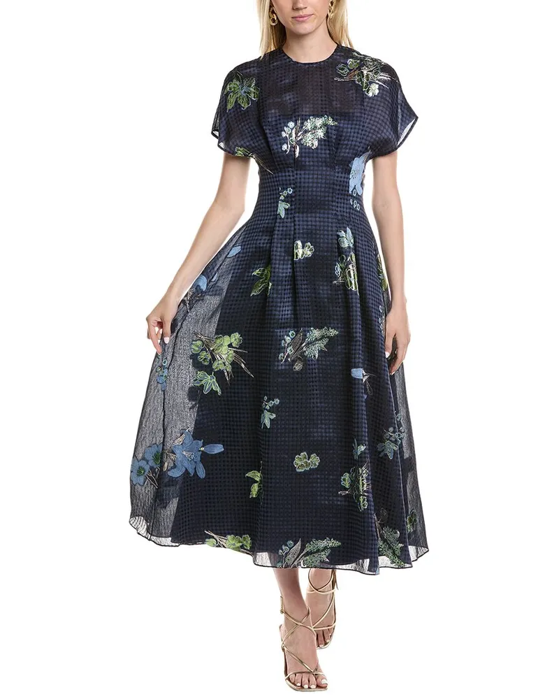 Lela Rose Linen & Silk-Blend Midi Dress Blue