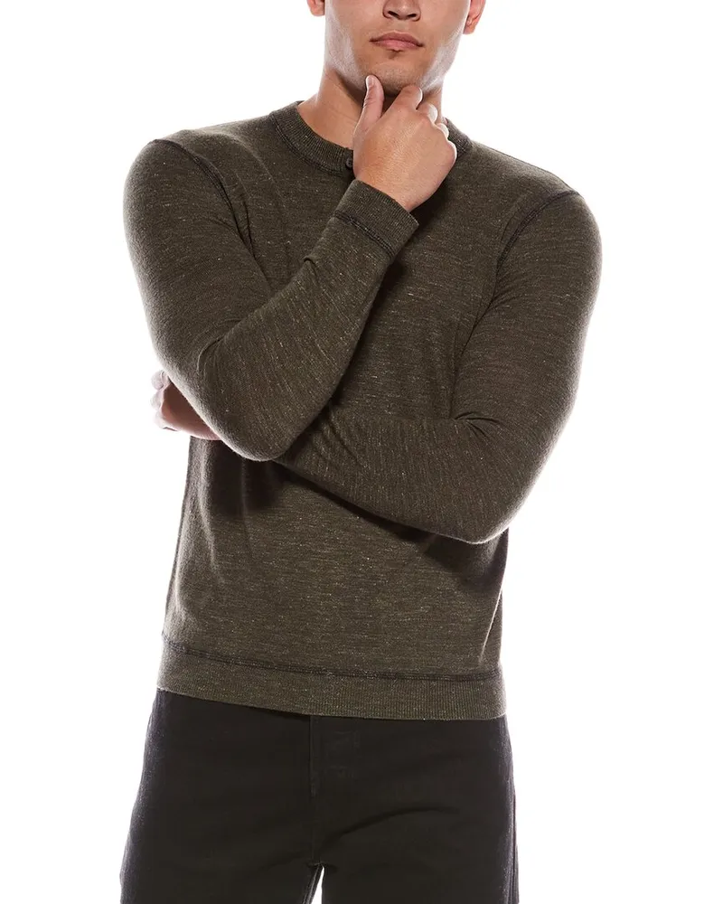 Autumn Cashmere Wool & Linen-Blend Henley Crewneck Sweater Green