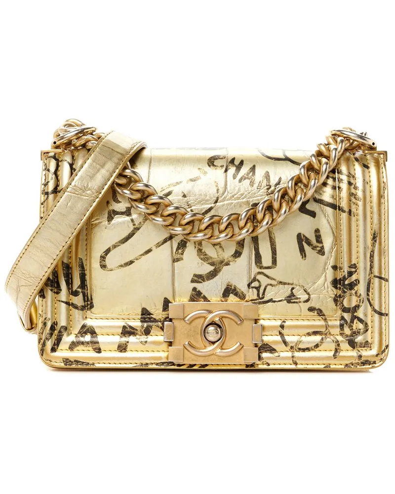 Chanel Gold Calfskin Leather Graffiti Crocodile Small Boy Flap (Authentic Pre-  Loved Nocolor