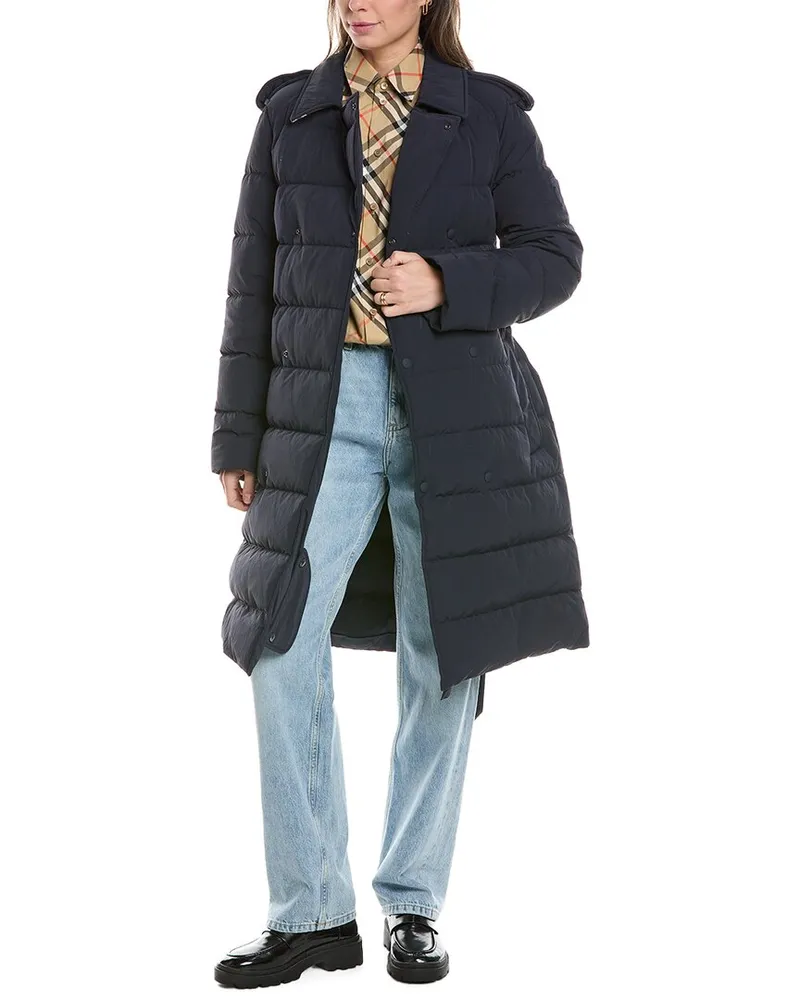 Burberry Logo Applique Wool-Trim Coat Blue