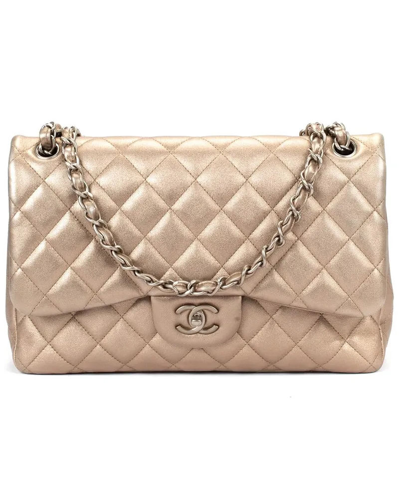Chanel Gold Leather Metallic Jumbo Double Flap Classic Quilted Handbag (Authentic Pre-Loved Nocolor