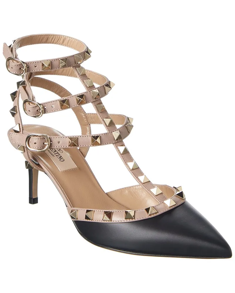 Valentino Garavani Rockstud Caged 65 Leather Ankle Strap Pump Black
