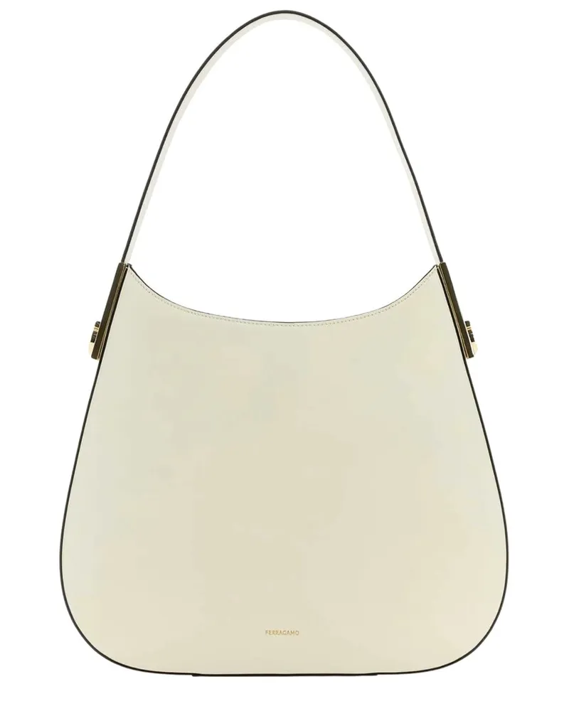 Ferragamo Logo Medium Leather Hobo Bag White