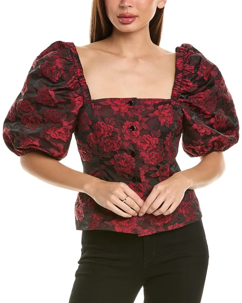 Ganni Botanical Jacquard Fitted Blouse Red