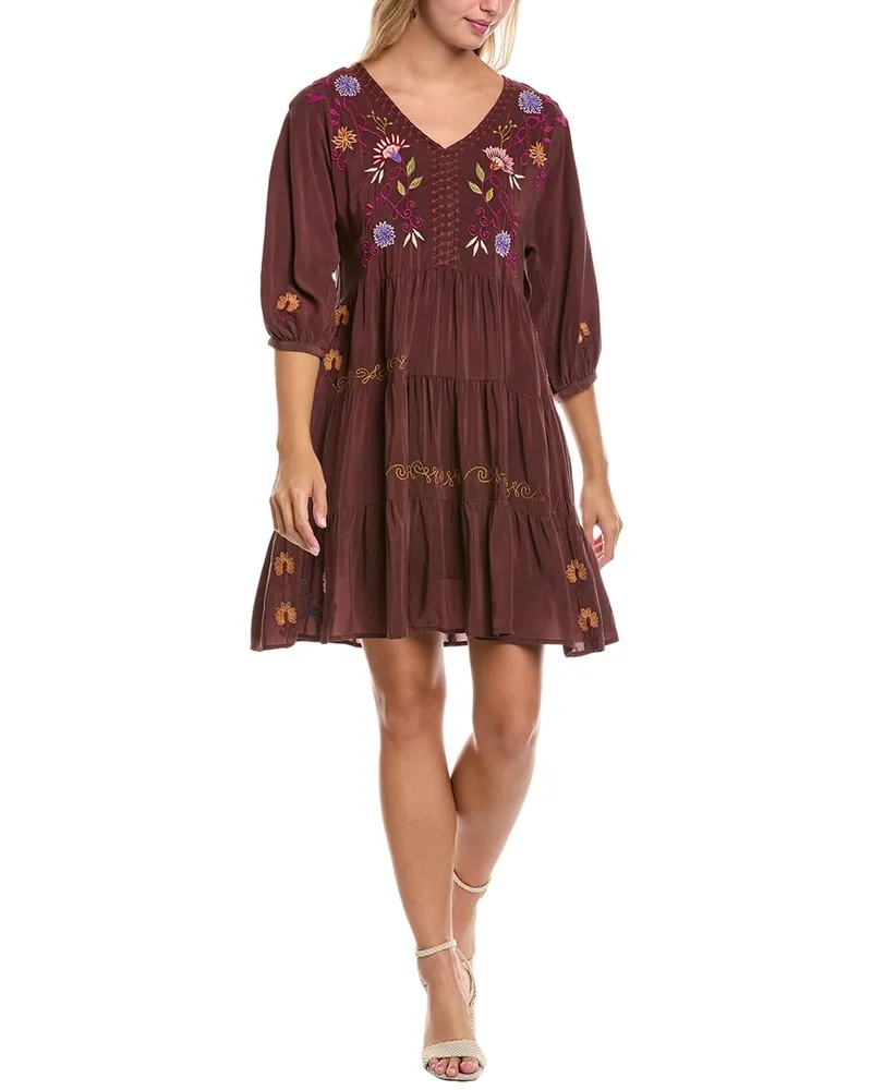 Johnny Was Petite Toni Silk Mini Dress Brown