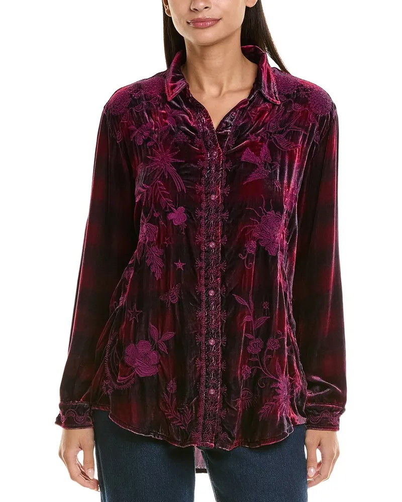 Johnny Was Velvet Oversized Silk-Blend Shirt Purple