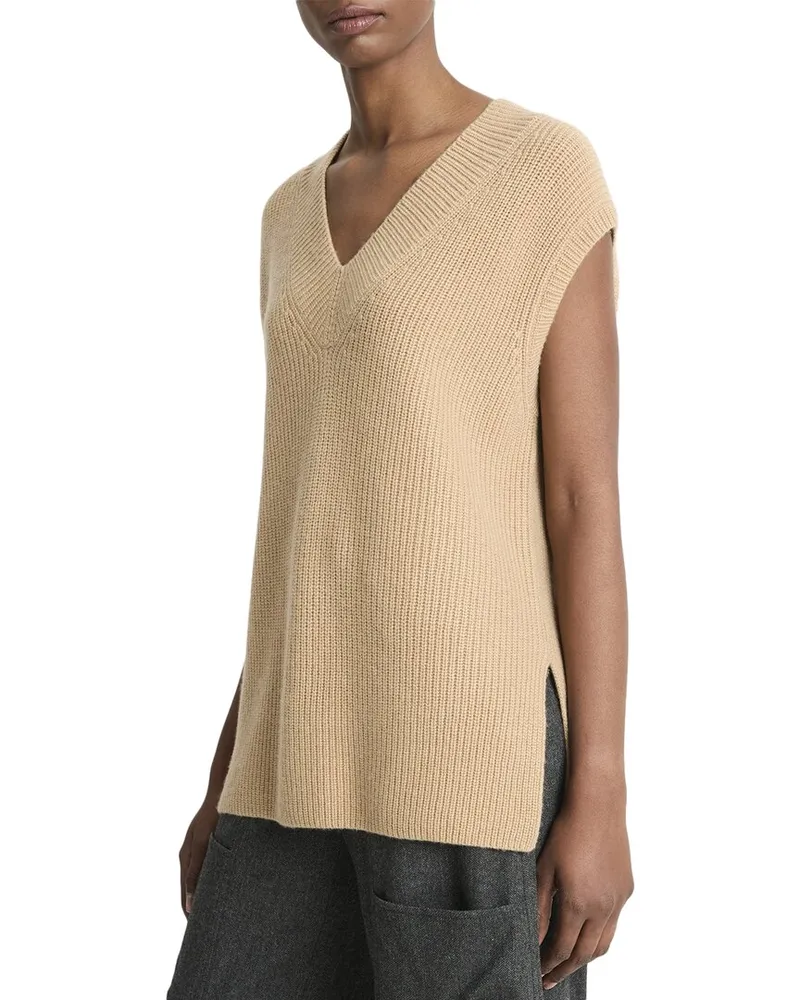Vince Ribbed V-Neck Wool & Cashmere-Blend Vest Brown
