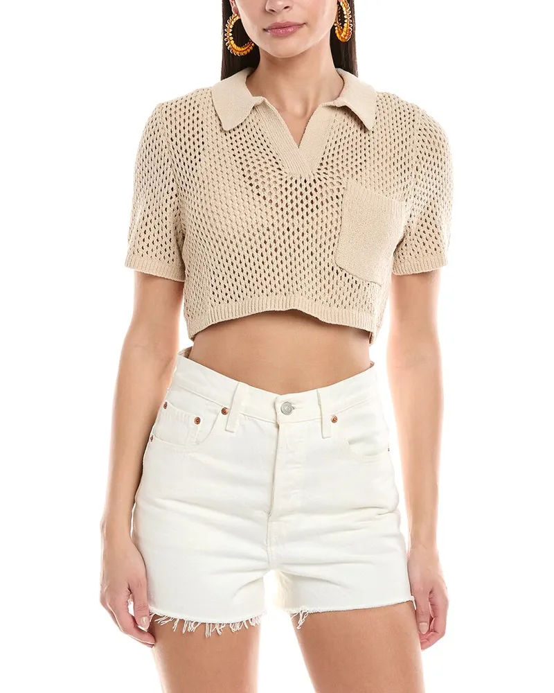 Onia Crochet Knit Cropped Polo Sweater Brown