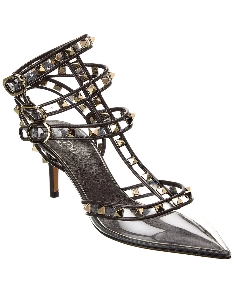 Valentino Garavani Rockstud Caged 65 Leather & Vinyl Ankle Strap Pump Black