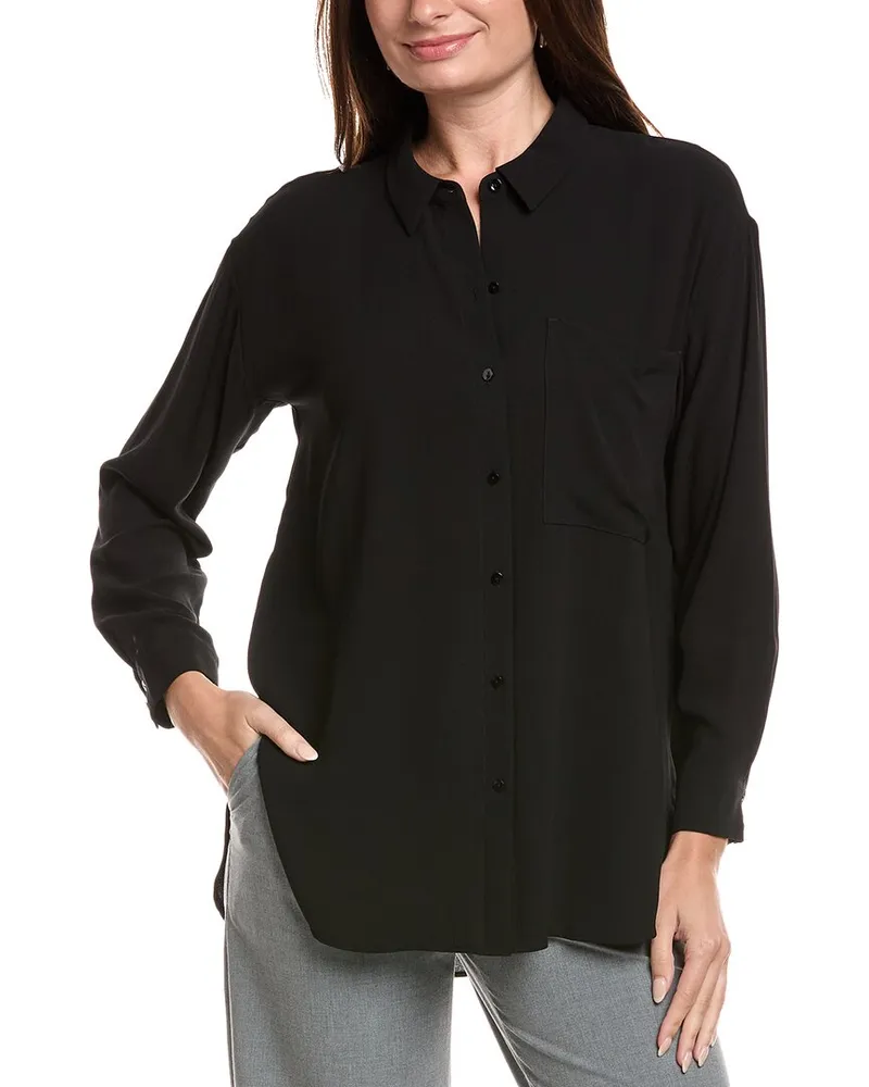 Eileen Fisher Petite Classic Collar Long Silk Shirt Black