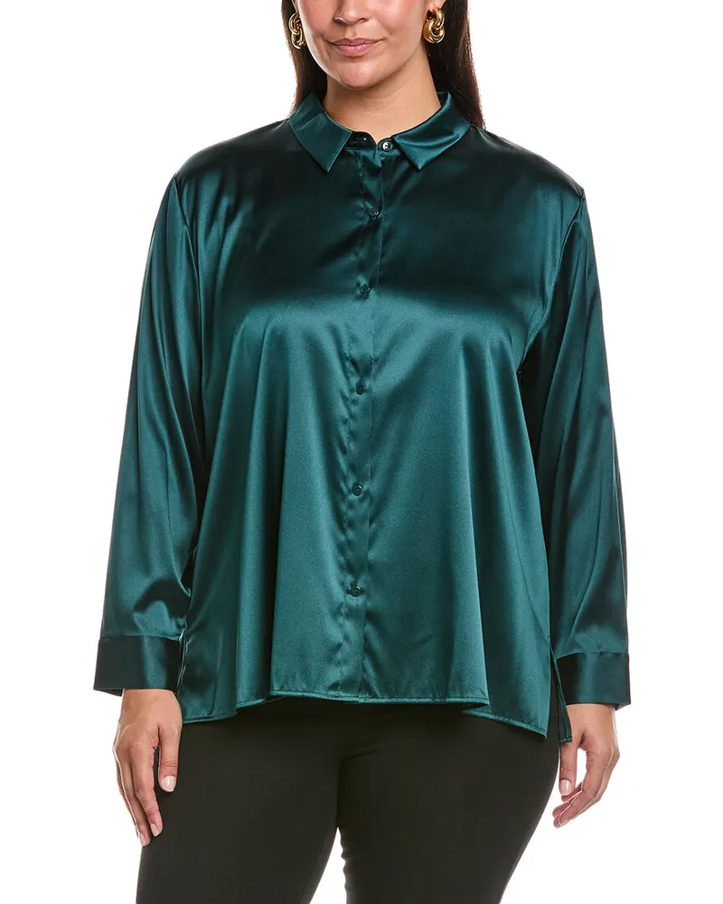 Eileen Fisher Plus Classic Collar Silk-Blend Shirt Green