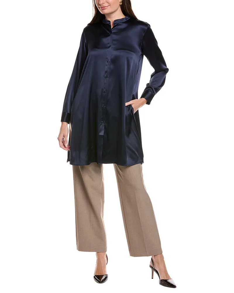 Eileen Fisher Petite Mandarin Collar Silk-Blend Shirt Blue