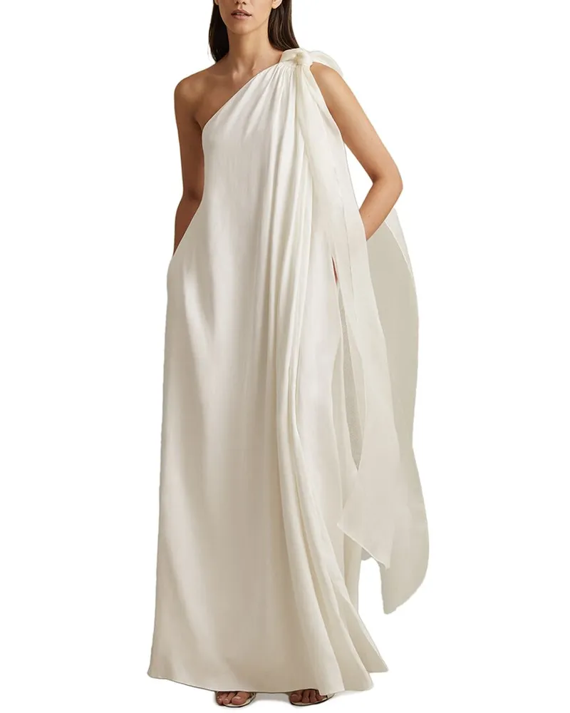 Reiss Athena Linen-Blend Bow One Shoulder Maxi Dress White