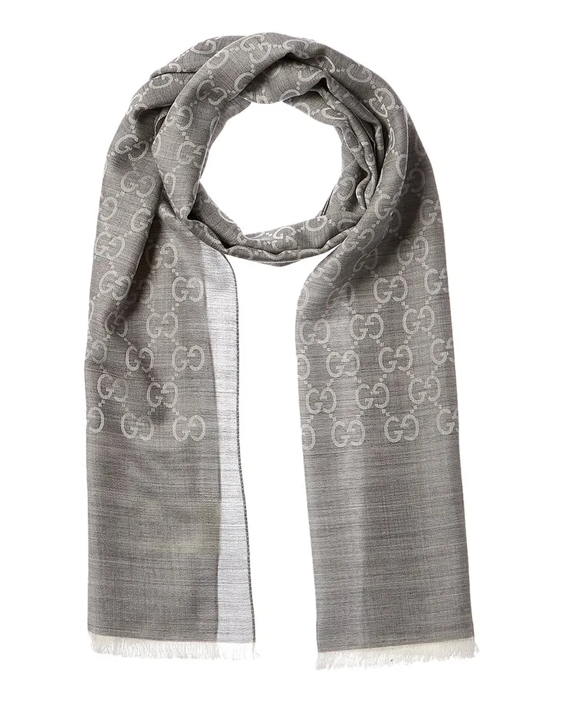 Gucci Logo Small Jacquard Wool & Silk-Blend Scarf Grey