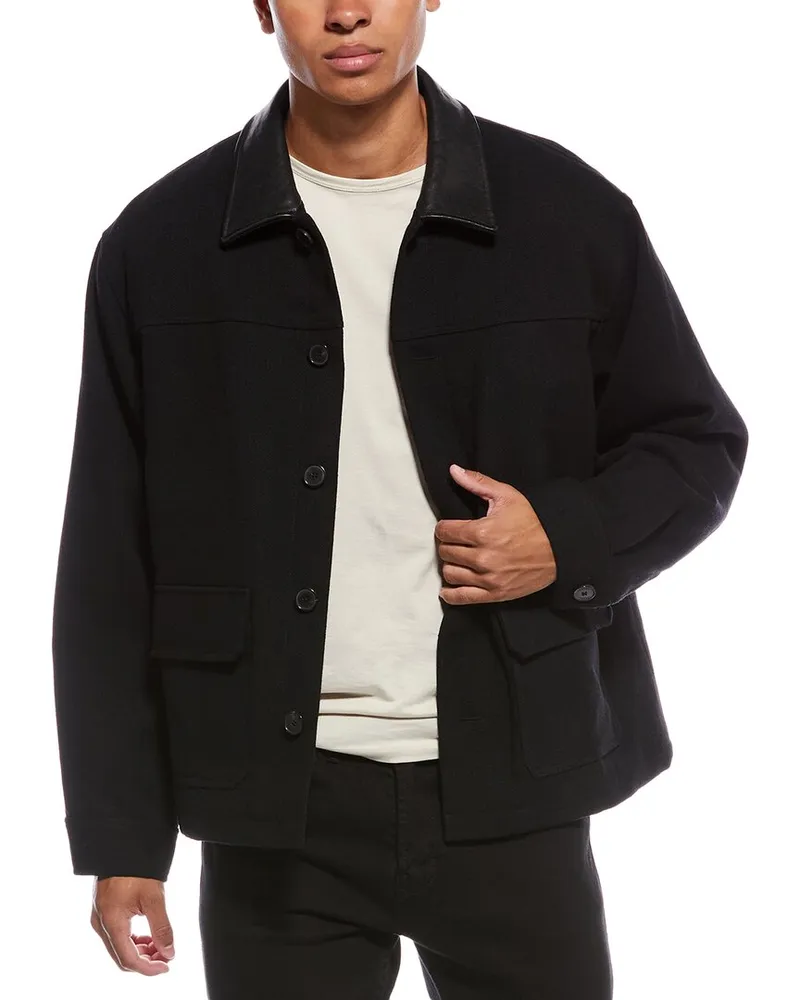 Frame Denim Leather-Trim Wool-Blend Workwear Jacket Black