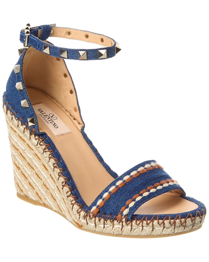 Valentino Garavani Rockstud 105 Denim Wedge Sandal Blue